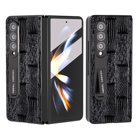 ABEEL For Samsung Galaxy Z Fold3 Genuine Cow Leather+PC Phone Case Mahjong Texture Kickstand Folding Cover Case with Screen Film