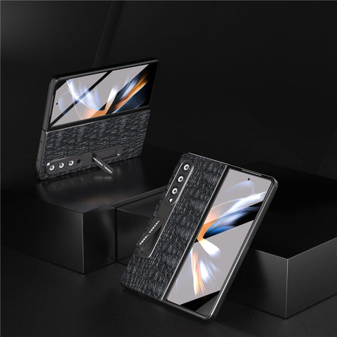 ABEEL For Samsung Galaxy Z Fold3 5G Phone Case Genuine Cow Leather+PC Kickstand Cover with Screen Protector