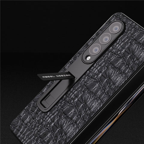 ABEEL For Samsung Galaxy Z Fold3 5G Phone Case Genuine Cow Leather+PC Kickstand Cover with Screen Protector
