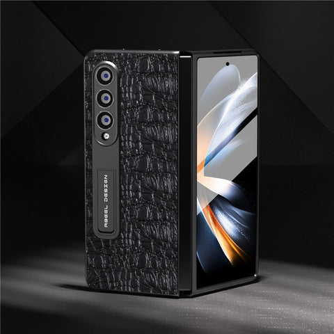 ABEEL For Samsung Galaxy Z Fold3 5G Phone Case Genuine Cow Leather+PC Kickstand Cover with Screen Protector