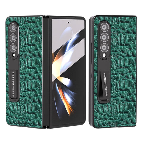 ABEEL For Samsung Galaxy Z Fold3 5G Phone Case Genuine Cow Leather+PC Kickstand Cover with Screen Protector