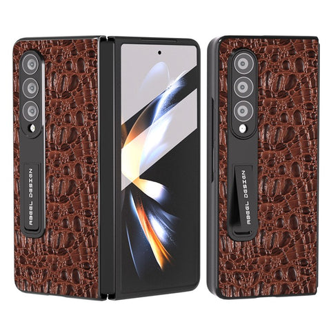 ABEEL For Samsung Galaxy Z Fold3 5G Phone Case Genuine Cow Leather+PC Kickstand Cover with Screen Protector