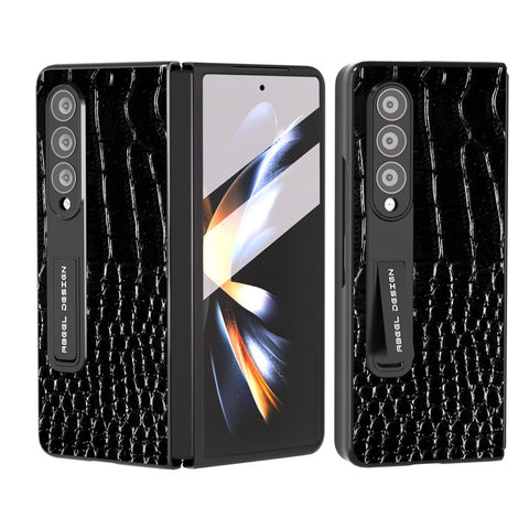 ABEEL For Samsung Galaxy Z Fold3 5G Kickstand Protective Cover Crocodile Texture Genuine Cow Leather+PC Phone Case with Screen Film