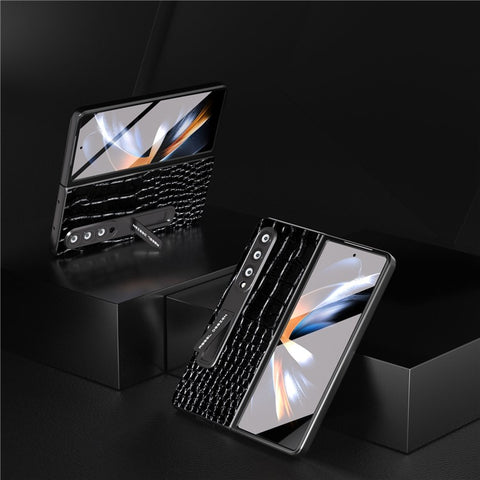 ABEEL For Samsung Galaxy Z Fold3 5G Kickstand Protective Cover Crocodile Texture Genuine Cow Leather+PC Phone Case with Screen Film