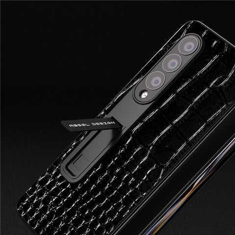 ABEEL For Samsung Galaxy Z Fold3 5G Kickstand Protective Cover Crocodile Texture Genuine Cow Leather+PC Phone Case with Screen Film