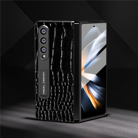 ABEEL For Samsung Galaxy Z Fold3 5G Kickstand Protective Cover Crocodile Texture Genuine Cow Leather+PC Phone Case with Screen Film