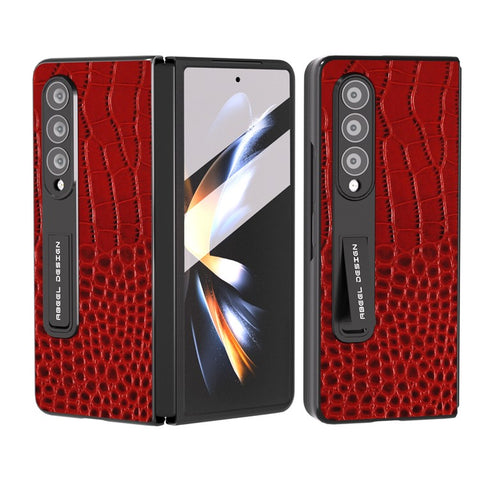 ABEEL For Samsung Galaxy Z Fold3 5G Kickstand Protective Cover Crocodile Texture Genuine Cow Leather+PC Phone Case with Screen Film