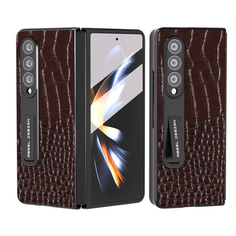 ABEEL For Samsung Galaxy Z Fold3 5G Kickstand Protective Cover Crocodile Texture Genuine Cow Leather+PC Phone Case with Screen Film