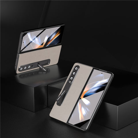 ABEEL For Samsung Galaxy Z Fold3 5G Genuine Cow Leather+PC Anti-Drop Case Kickstand Folding Phone Cover with Screen Film