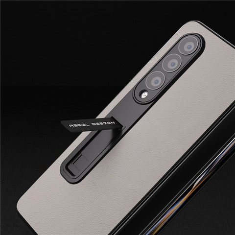 ABEEL For Samsung Galaxy Z Fold3 5G Genuine Cow Leather+PC Anti-Drop Case Kickstand Folding Phone Cover with Screen Film