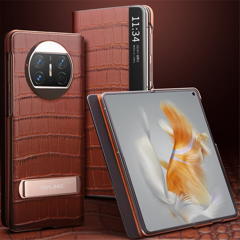 QIALINO For Huawei Mate X3 5G Genuine Cow Leather Case Magnetic Auto Wake / Sleep Anti-Drop Phone Cover with Kickstand