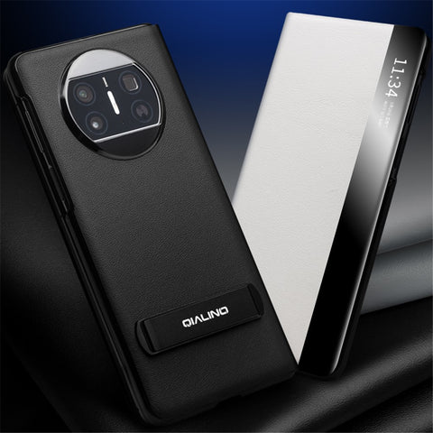 QIALINO For Huawei Mate X3 5G Genuine Cow Leather Kickstand Case Magnetic Auto Wake / Sleep Shockproof Phone Cover