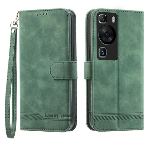 DIERFENG DF-03 for Huawei P60 / P60 Pro Lines Imprinted Phone Cover PU Leather Wallet Stand Mobile Case