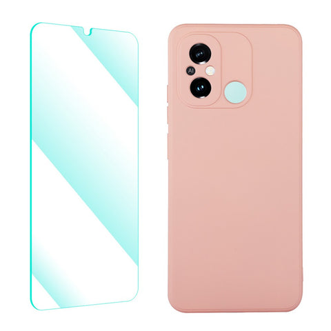 ENKAY HAT PRINCE For Xiaomi Poco C55 4G / Redmi 12C 4G Phone Case Straight Edge Liquid Silicone Cover with 0.26mm High Aluminium-silicon Glass Film