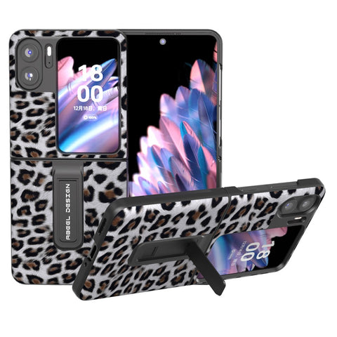 ABEEL For Oppo Find N2 Flip 5G Leopard Pattern Kickstand Cover PU Leather + PC Shockproof Phone Case