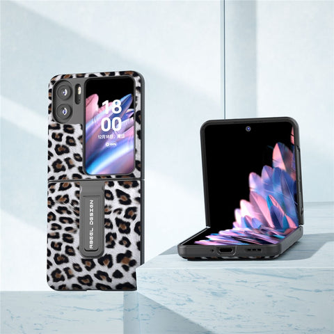 ABEEL For Oppo Find N2 Flip 5G Leopard Pattern Kickstand Cover PU Leather + PC Shockproof Phone Case