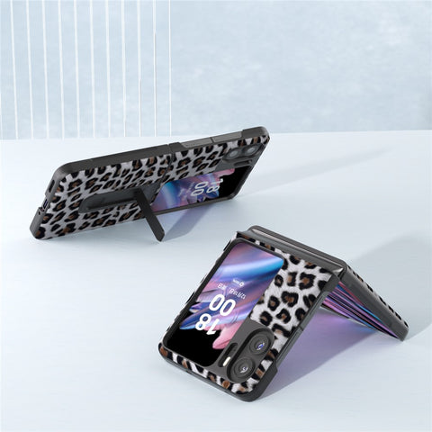 ABEEL For Oppo Find N2 Flip 5G Leopard Pattern Kickstand Cover PU Leather + PC Shockproof Phone Case