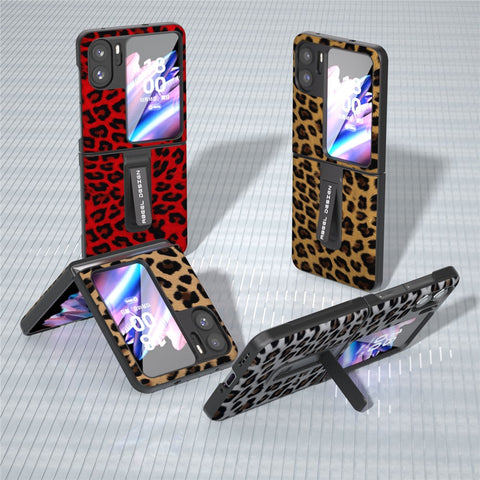 ABEEL For Oppo Find N2 Flip 5G Leopard Pattern Kickstand Cover PU Leather + PC Shockproof Phone Case