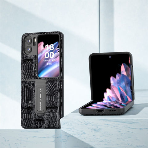 ABEEL For Oppo Find N2 Flip 5G Mahjong Texture Kickstand Case Genuine Cow Leather+PC Rugged Shockproof Phone Cover