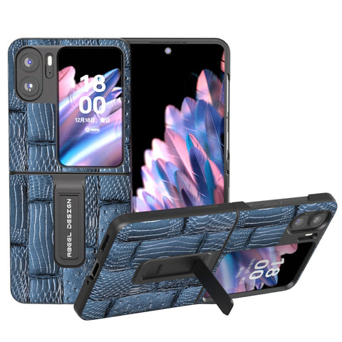 ABEEL For Oppo Find N2 Flip 5G Mahjong Texture Kickstand Case Genuine Cow Leather+PC Rugged Shockproof Phone Cover
