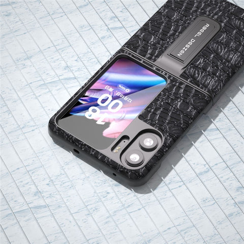 ABEEL For Oppo Find N2 Flip 5G Anti-Slip Texture Kickstand Case Genuine Cow Leather+PC Phone Cover