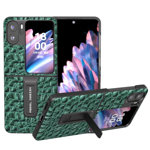 ABEEL For Oppo Find N2 Flip 5G Anti-Slip Texture Kickstand Case Genuine Cow Leather+PC Phone Cover