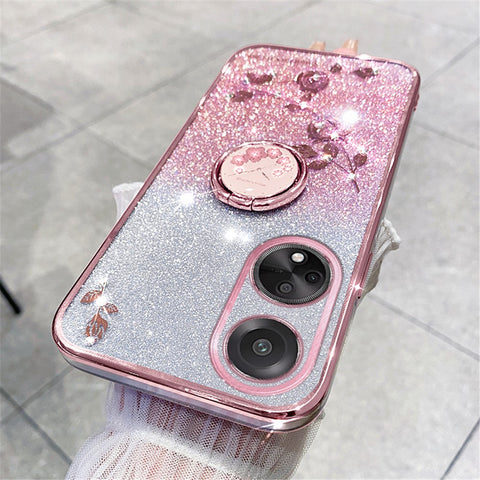 KADEM Ring Kickstand Glitter TPU Case for Oppo A98 5G Rhinestone Flower Pattern Phone Cover