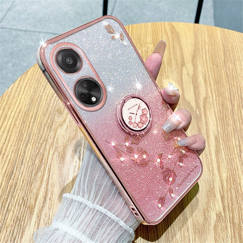KADEM Ring Kickstand Glitter TPU Case for Oppo A98 5G Rhinestone Flower Pattern Phone Cover