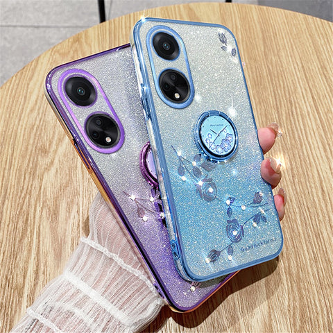 KADEM Ring Kickstand Glitter TPU Case for Oppo A98 5G Rhinestone Flower Pattern Phone Cover