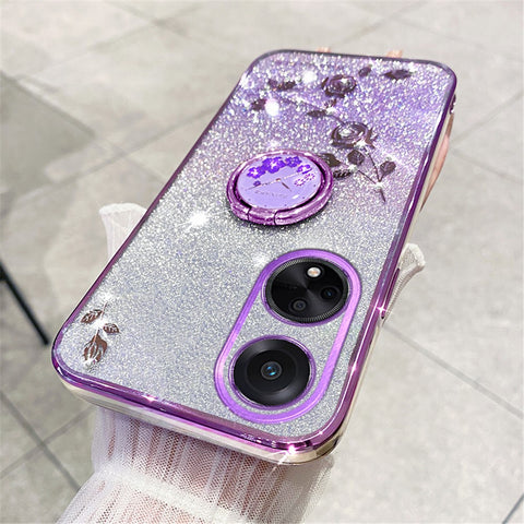 KADEM Ring Kickstand Glitter TPU Case for Oppo A98 5G Rhinestone Flower Pattern Phone Cover
