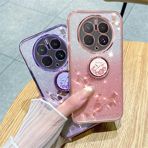 KADEM For Huawei Mate 50 Pro 4G Ring Kickstand Gradient Cover Glitter Flower TPU Phone Case