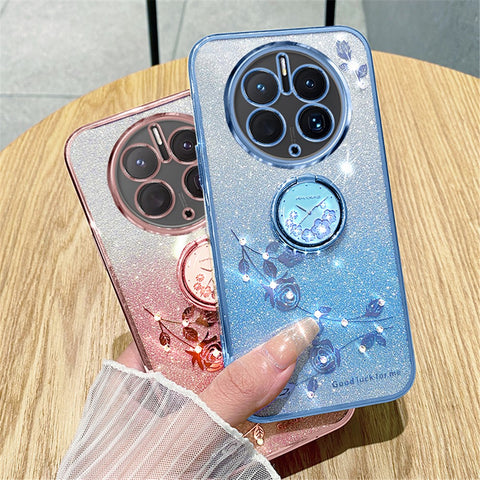 KADEM For Huawei Mate 50 Pro 4G Ring Kickstand Gradient Cover Glitter Flower TPU Phone Case