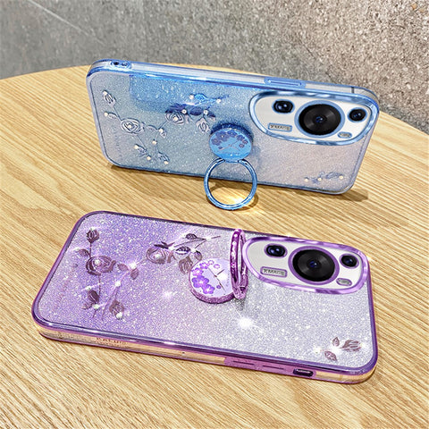 KADEM For Huawei P60 Art Rhinestone Flower TPU Cover Stylish Glitter Phone Case with Ring Kickstand