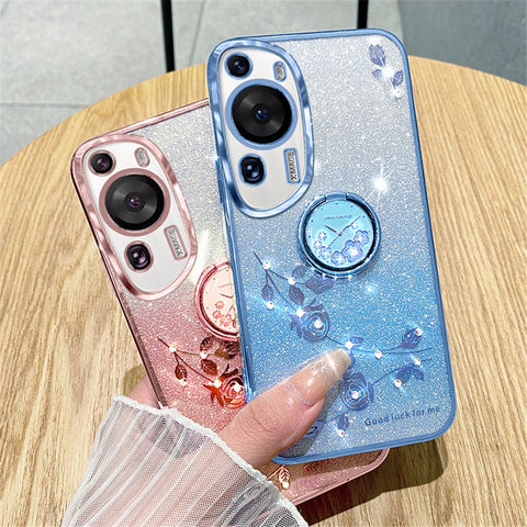 KADEM For Huawei P60 Art Rhinestone Flower TPU Cover Stylish Glitter Phone Case with Ring Kickstand