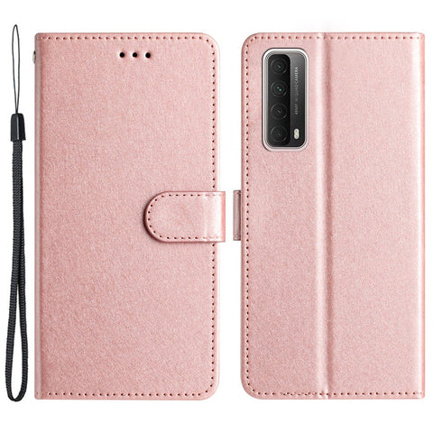 For Huawei P smart 2021 / Y7a Phone Case PU Leather Silk Texture Stand Wallet Flip Cover with Strap