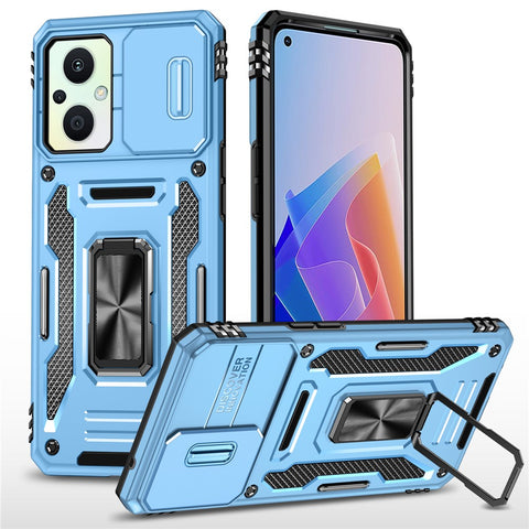 Armor Series For Oppo Reno7 Lite 5G Slide Lens Lid Phone Case Metal Kickstand PC+TPU Cover