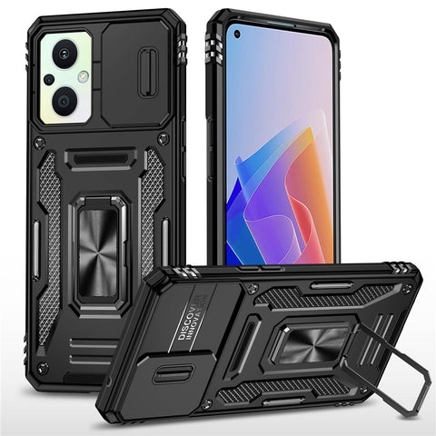 Armor Series For Oppo Reno7 Lite 5G Slide Lens Lid Phone Case Metal Kickstand PC+TPU Cover