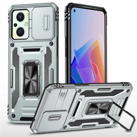 Armor Series For Oppo Reno7 Lite 5G Slide Lens Lid Phone Case Metal Kickstand PC+TPU Cover