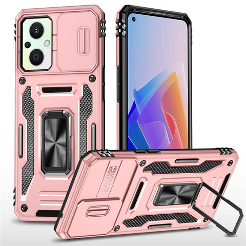 Armor Series For Oppo Reno7 Lite 5G Slide Lens Lid Phone Case Metal Kickstand PC+TPU Cover