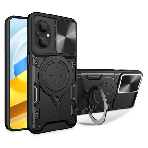 Ring Kickstand Phone Case for Xiaomi Poco M5 5G , Slide Camera Protection PC+TPU Phone Cover