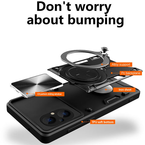 Ring Kickstand Phone Case for Xiaomi Poco M5 5G , Slide Camera Protection PC+TPU Phone Cover