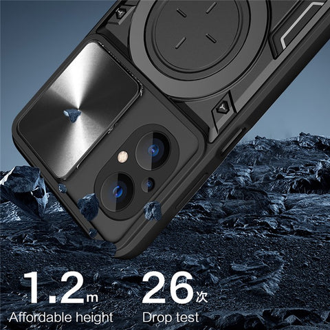 Ring Kickstand Phone Case for Xiaomi Poco M5 5G , Slide Camera Protection PC+TPU Phone Cover