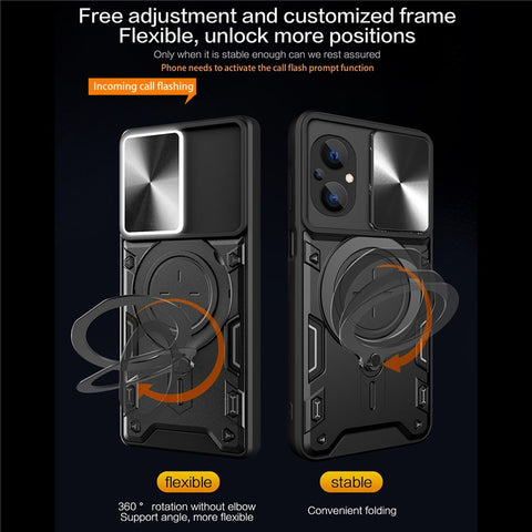 Ring Kickstand Phone Case for Xiaomi Poco M5 5G , Slide Camera Protection PC+TPU Phone Cover