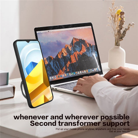 Ring Kickstand Phone Case for Xiaomi Poco M5 5G , Slide Camera Protection PC+TPU Phone Cover