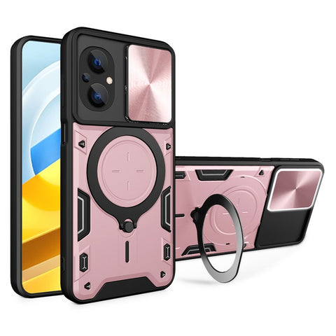 Ring Kickstand Phone Case for Xiaomi Poco M5 5G , Slide Camera Protection PC+TPU Phone Cover