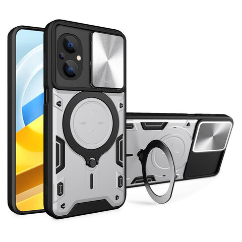 Ring Kickstand Phone Case for Xiaomi Poco M5 5G , Slide Camera Protection PC+TPU Phone Cover