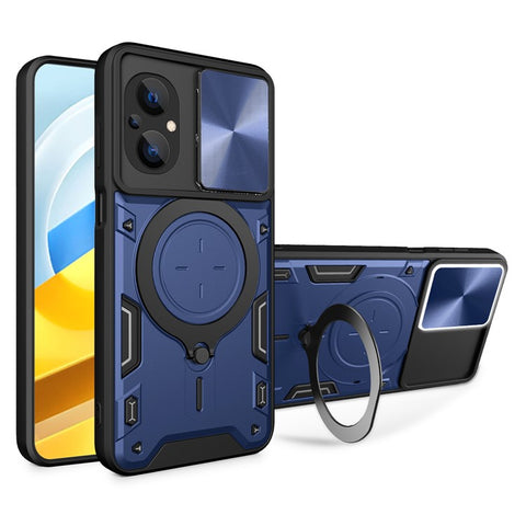 Ring Kickstand Phone Case for Xiaomi Poco M5 5G , Slide Camera Protection PC+TPU Phone Cover