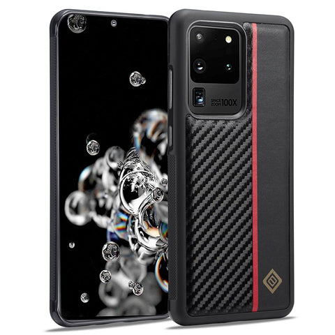 LC.IMEEKE Carbon Fiber Splicing Case for Samsung Galaxy S20 Ultra , PU Leather Coated TPU + EVA Cover