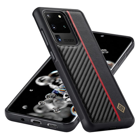 LC.IMEEKE Carbon Fiber Splicing Case for Samsung Galaxy S20 Ultra , PU Leather Coated TPU + EVA Cover
