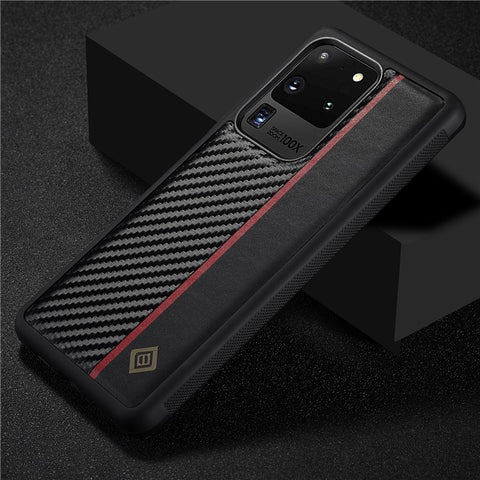 LC.IMEEKE Carbon Fiber Splicing Case for Samsung Galaxy S20 Ultra , PU Leather Coated TPU + EVA Cover